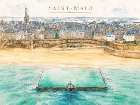 Illustration aquarelle représentant la piscine de Bon Secours à Saint-Malo vue du ciel, avec la mer turquoise, la plage, les remparts d’Intra-Muros et la cathédrale en arrière-plan.