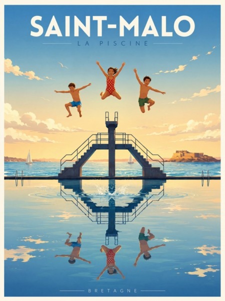 Illustration rétro de la piscine de Bon Secours à Saint-Malo, avec trois enfants sautant depuis le plongeoir, la mer calme, le Fort National au loin et des reflets dans l’eau.