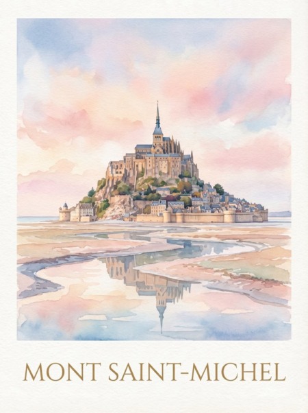 Illustration aquarelle du Mont Saint-Michel dans sa baie, avec un ciel pastel rose et bleu, des reflets dans l’eau et une ambiance douce, lumineuse et poétique.