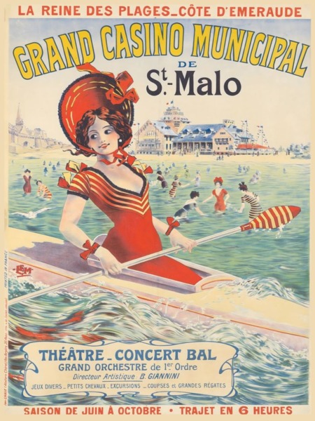 Affiche casino Saint-Malo avec le Grand Casino Municipal, une femme en canot, la plage et les baigneurs