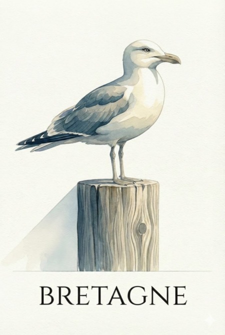 Affiche goéland aquarelle avec un goéland posé sur un poteau en bois et le mot Bretagne