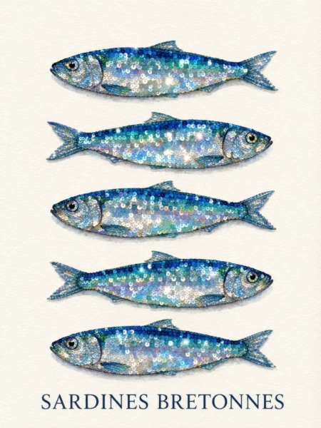 Affiche sardines bretonnes avec cinq poissons bleus scintillants sur fond clair