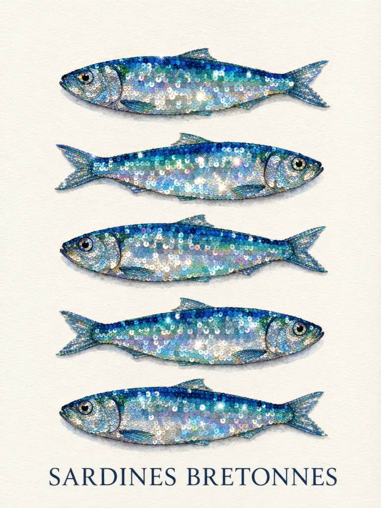 Affiche sardines bretonnes avec cinq poissons bleus scintillants sur fond clair