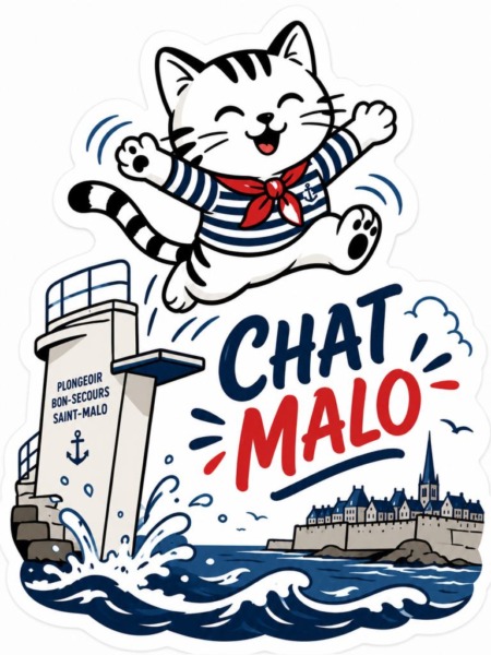 Affiche chat plongeoir avec Chat Malo sautant du plongeoir Bon-Secours à Saint-Malo