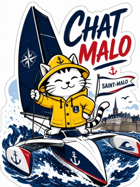 Affiche chat trimaran avec Chat Malo en ciré jaune sur un multicoque devant Saint-Malo