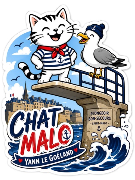 Affiche chat goéland plongeoir avec Chat Malo et Yann le Goéland sur le plongeoir Bon-Secours à Saint-Malo