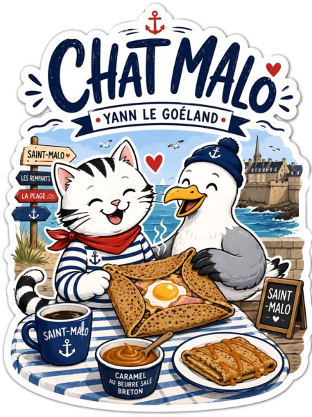 Affiche chat goéland crêpe avec Chat Malo et Yann le Goéland partageant une crêpe et une galette à Saint-Malo