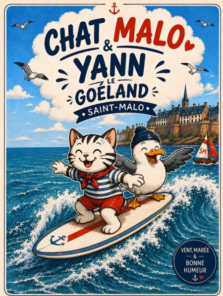 Affiche chat goéland surf avec Chat Malo et Yann le Goéland sur une vague devant Saint-Malo