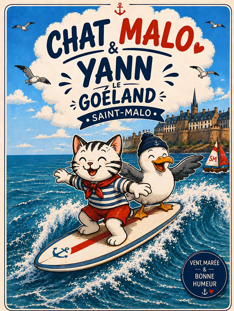 Affiche chat goéland surf avec Chat Malo et Yann le Goéland sur une vague devant Saint-Malo