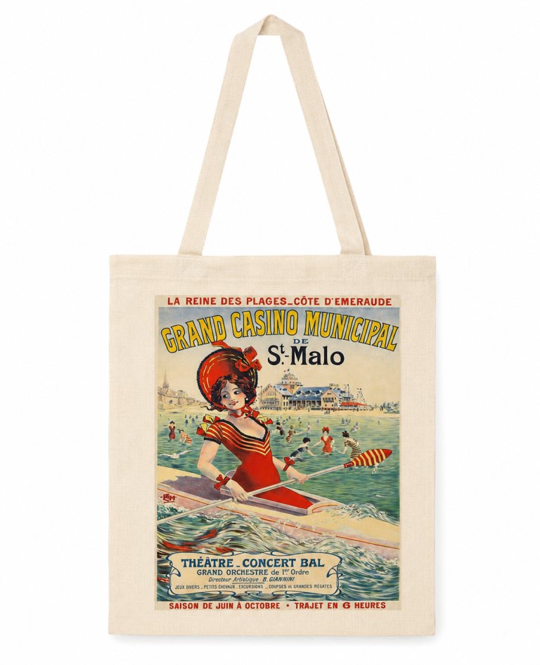 Tote bag casino Saint-Malo avec visuel rétro du Grand Casino Municipal, plage, canot et baigneurs