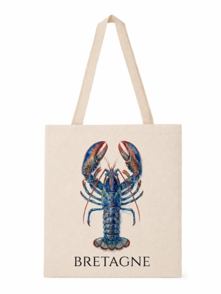 Tote bag homard avec illustration aquarelle d’un homard bleu et le mot Bretagne