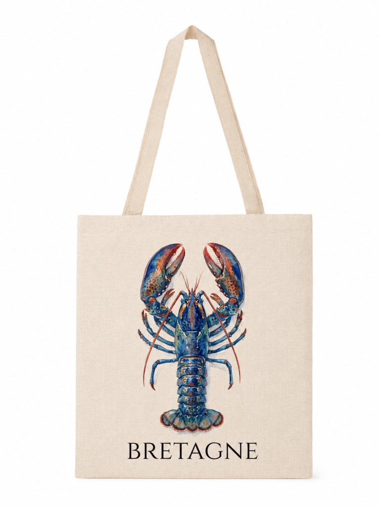 Tote bag homard avec illustration aquarelle d’un homard bleu et le mot Bretagne