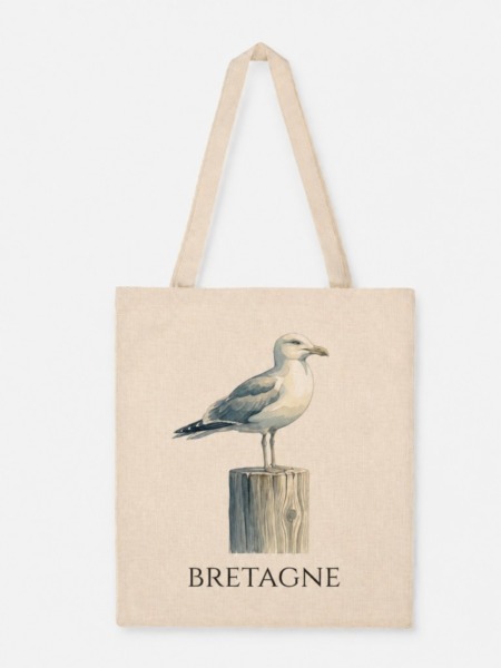 Tote bag goéland avec illustration aquarelle d’un oiseau marin posé sur un poteau et le mot Bretagne