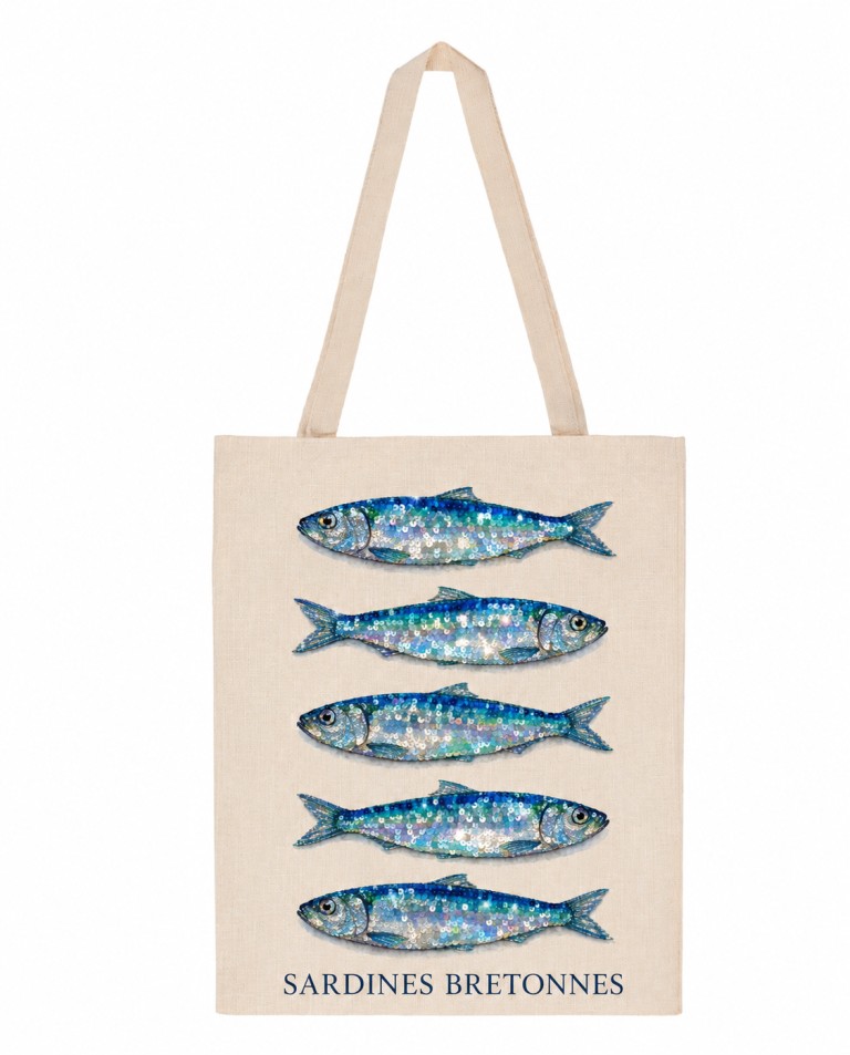 Tote bag sardines bretonnes avec illustration de cinq poissons bleus scintillants