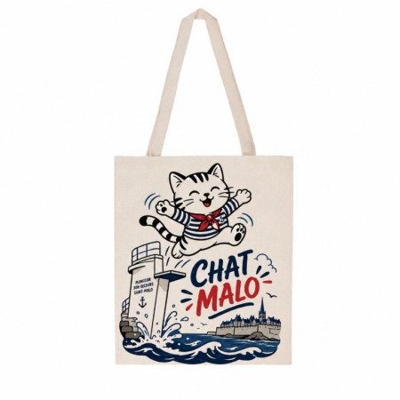 Tote bag chat plongeoir avec Chat Malo sautant près du plongeoir Bon-Secours à Saint-Malo