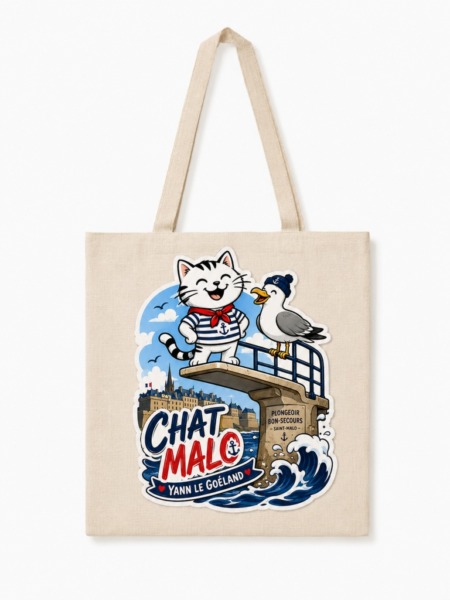 Tote bag plongeoir avec Chat Malo et Yann le Goéland sur le plongeoir Bon-Secours à Saint-Malo