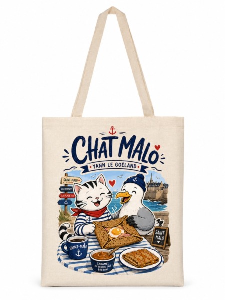 Tote bag crêpe avec Chat Malo et Yann le Goéland partageant une galette et une crêpe à Saint-Malo