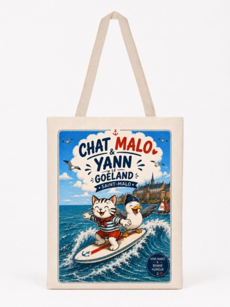 Tote bag chat surf avec Chat Malo et Yann le Goéland sur une vague devant Saint-Malo