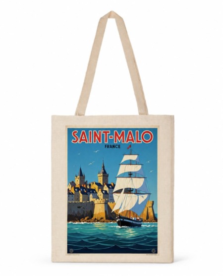 Tote bag voilier avec grand bateau devant les remparts de Saint-Malo
