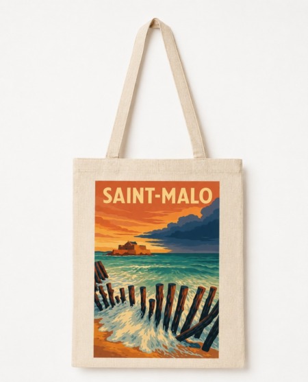 Tote bag Saint-Malo avec illustration rétro de la mer Émeraude, des brise-lames et d’un coucher de soleil