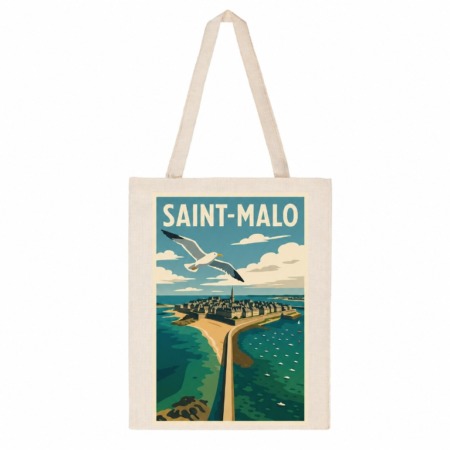 Tote bag cité corsaire avec vue illustrée de Saint-Malo, de la mer Émeraude et d’un goéland