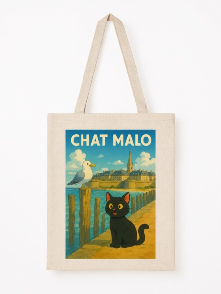 Tote bag chat noir avec Chat Malo et un goéland devant les remparts de Saint-Malo