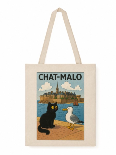 Tote bag goéland avec Chat-Malo, un chat noir et un goéland devant les remparts de Saint-Malo