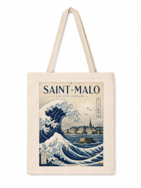 Tote bag vague avec illustration de Saint-Malo, grande vague bleue et cité corsaire