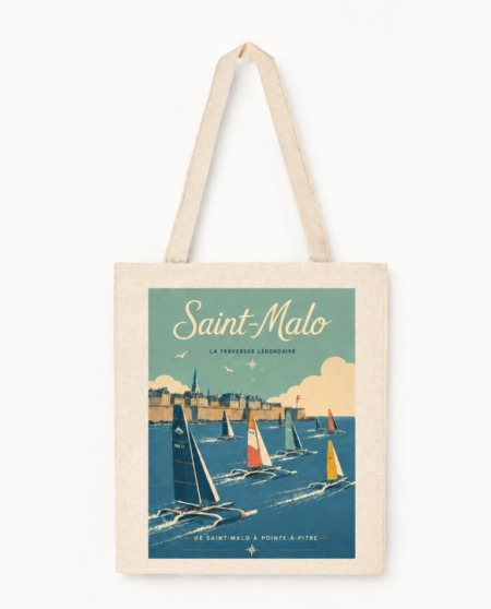 Tote bag traversée avec voiliers quittant Saint-Malo vers Pointe-à-Pitre dans un style affiche vintage