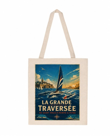 Tote bag grande traversée avec trimaran entre Saint-Malo et Pointe-à-Pitre dans un style affiche maritime vintage