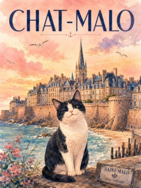 Affiche chat corsaire avec Chat-Malo devant les remparts de Saint-Malo dans un style aquarelle