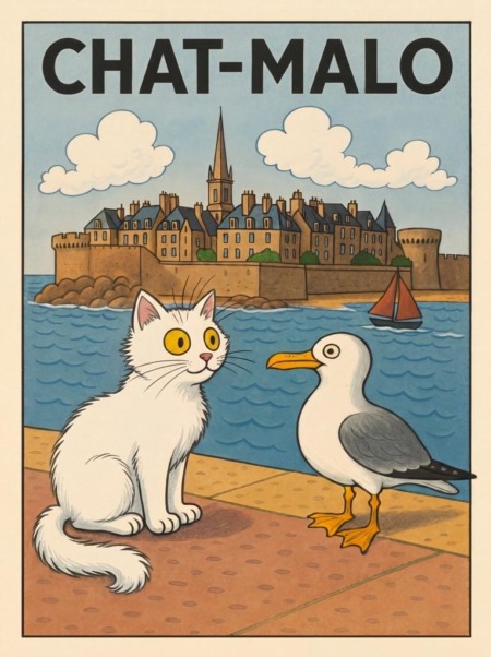 Affiche chat goéland avec Chat-Malo blanc et un goéland devant les remparts de Saint-Malo