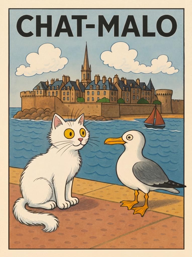 Affiche chat goéland avec Chat-Malo blanc et un goéland devant les remparts de Saint-Malo