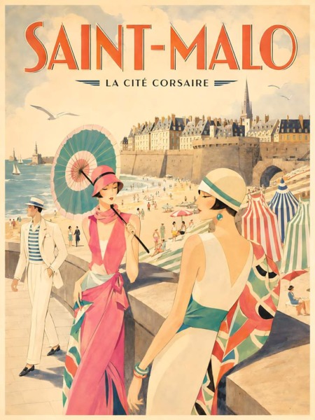 Affiche cité corsaire avec personnages élégants, plage, parasols et remparts de Saint-Malo