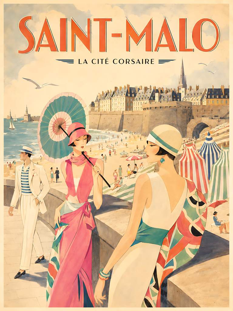 Affiche cité corsaire avec personnages élégants, plage, parasols et remparts de Saint-Malo
