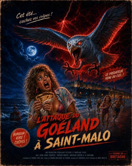 Affiche goéland voleur crêpe façon film d’horreur rétro avec un goéland géant attaquant une crêpe à Saint-Malo