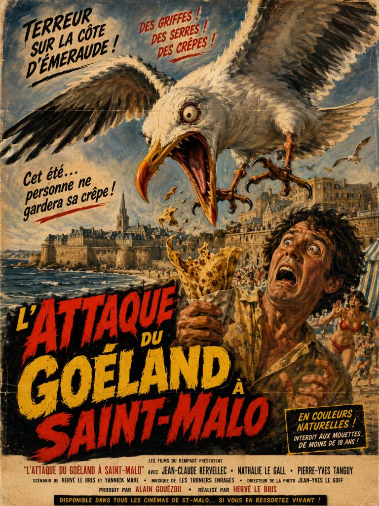 Affiche goéland série B avec un goéland géant attaquant une crêpe sur la plage à Saint-Malo