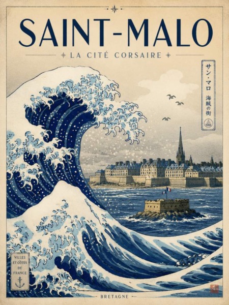 Affiche vague Saint-Malo inspirée des estampes japonaises avec la cité corsaire et les remparts