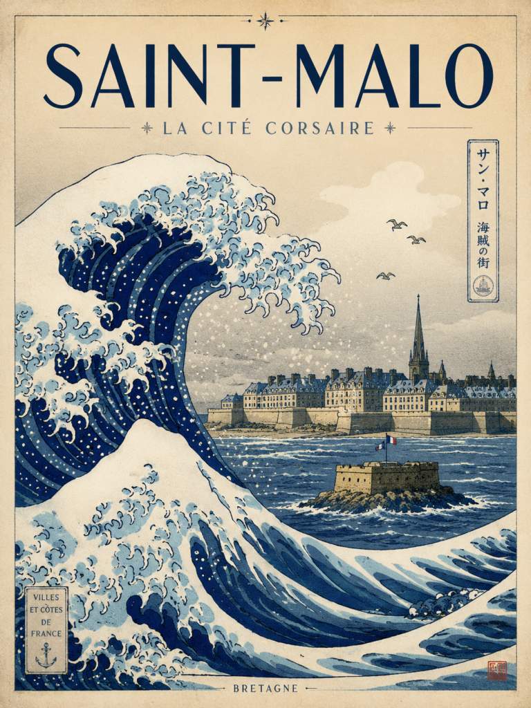 Affiche vague Saint-Malo inspirée des estampes japonaises avec la cité corsaire et les remparts