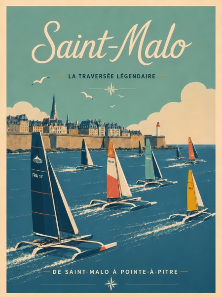 Affiche traversée Saint-Malo avec voiliers et multicoques partant vers Pointe-à-Pitre devant les remparts