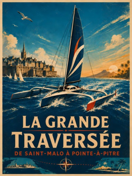 Affiche grande traversée avec trimaran en mer entre Saint-Malo et Pointe-à-Pitre
